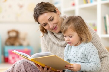 A mother and her young daughter sit together in a playroom, enjoying a story. The mother smiles gently as the little girl attentively looks at the pages, surrounded by colorful shelves and toys.