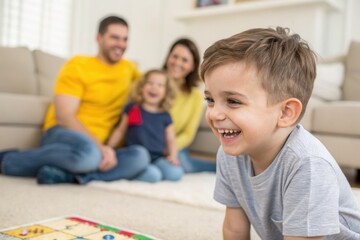 A joyful young boy laughs while playing a board game on the floor. His family, including his parents and sister, enjoys quality time together in a cozy living room filled with warmth and laughter.