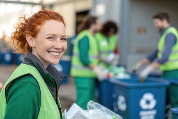 A group of enthusiastic volunteers, wearing green vests, sorts recyclable materials at a community cleanup event. One volunteer smiles brightly, highlighting the teamwork and dedication to environment