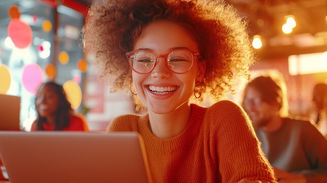 Joyful Collaboration: A young woman with vibrant curly hair laughs heartily while using a tablet, surrounded by a blurred background of colleagues in a vibrant workspace.