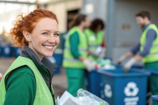 A group of enthusiastic volunteers, wearing green vests, sorts recyclable materials at a community cleanup event. One volunteer smiles brightly, highlighting the teamwork and dedication to environment