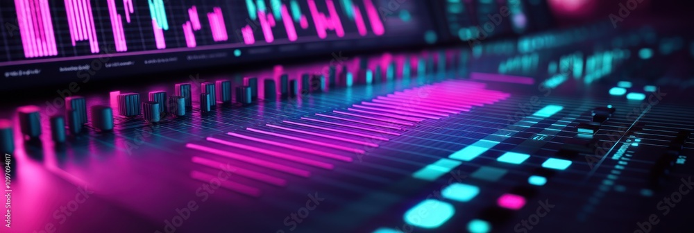 Aufkleber A colorful audio mixing interface displaying sound levels and waveforms.