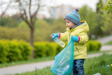 A young child dressed in a yellow jacket and blue gloves collects litter in a green park. The child holds a plastic bottle and places it in a blue bag, demonstrating care for the environment on a sunn