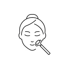 Woman Facial Massage with Roller Line Icon. Jade Roller for Girl Face Massage Linear Pictogram. Beauty Relax Procedure for Female Skin Face Outline Icon.