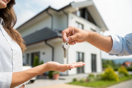A joyful moment unfolds as a man hands over house keys to a woman, signaling the exciting transition into her new home. The backdrop features a beautiful house surrounded by greenery under a clear blu