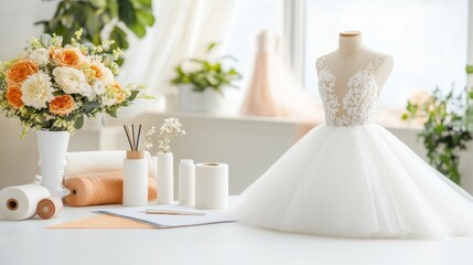 Wedding Dress Design Atelier: Elegant bridal gown on a tailor's dummy, surrounded by design elements and fresh flowers, creating a serene and inspiring atmosphere.