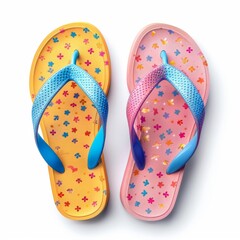 Colorful flip-flops with floral patterns are placed side by side on a plain background. Concept of summer and casual footwear. For fashion blog photo