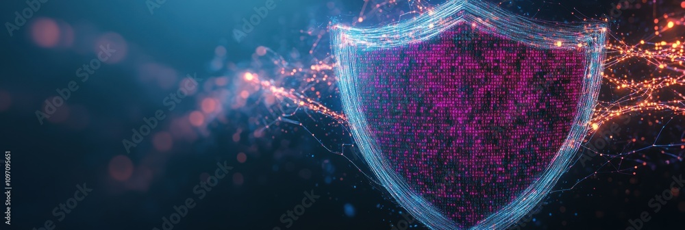 Poster a digital shield symbolizing cybersecurity with glowing particles and abstract lines.
