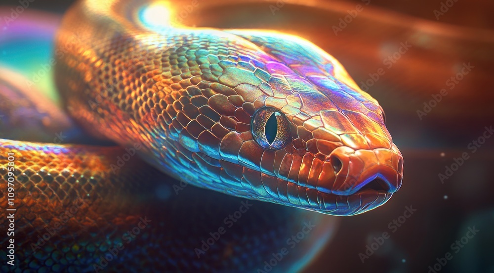 Poster a vibrant, colorful close-up of a snake showcasing its iridescent scales and intricate patterns.
