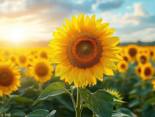 Vibrant Sunflower in a Field at Sunset