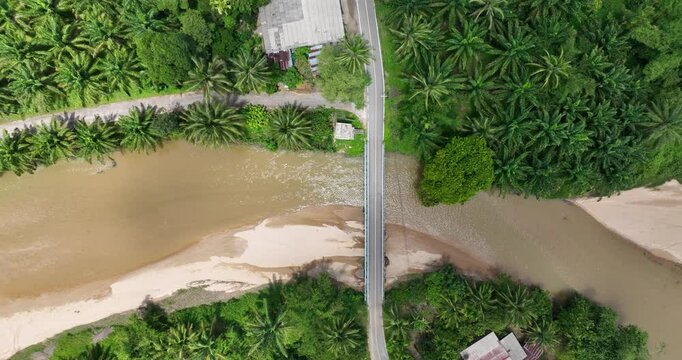 Aerial drone video on Plai Wha river at Phang Nga, Surat Thani, Thailand, river and forest, nature.