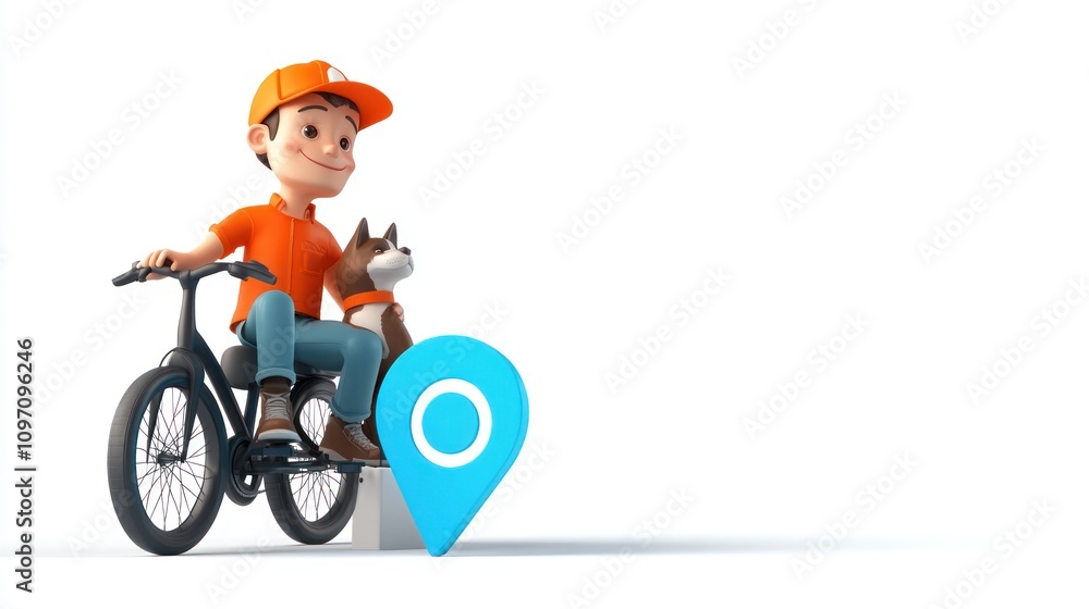 Poster a cartoon character on a bicycle with a dog and a location pin symbol.