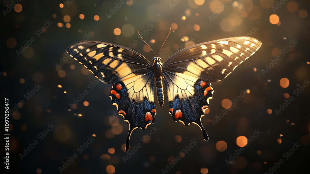 Poster Gorgeous butterfly with open wings soaring in enchanting golden light with a bokeh effect, capturing the breathtaking beauty of nature