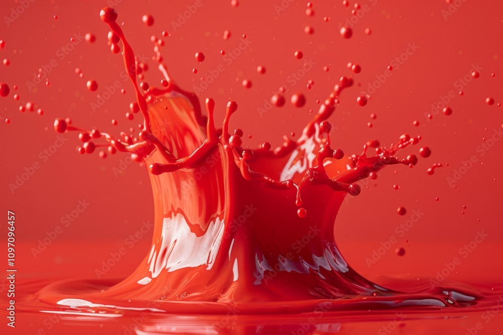 Poster red liquid splashes dynamically against a red background. concept of energy and motion. for art proj