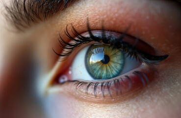 Naklejka premium Closeup view woman eye green iris long eyelashes makeup. Macro shot shows detail pupil cornea. Human eye beauty look vision. Female face portrait photography. Fashion beauty cosmetics