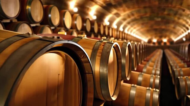 A long row of wooden barrels in a dimly lit cellar, typically used for aging wine or spirits.
