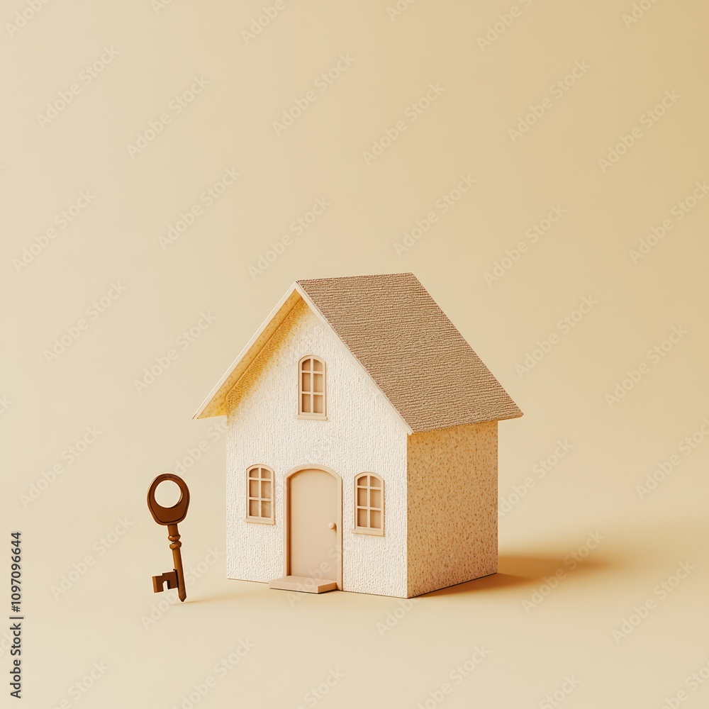 Poster house model and key on a solid background, illustrating the key steps in purchasing a property and i