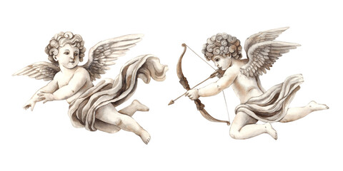 Cherub angels cupids of love, set of two cupids made of ceramic material. Watercolor illustration in vintage style, suitable for wedding, Valentine's Day, anniversary, cards, posters and banner