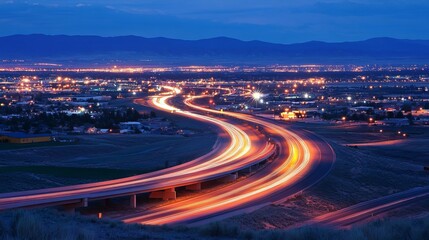 Fototapeta premium Aerial view of a highway at night, showcasing light trails from moving vehicles. Depicts dynamic movement, urban landscape, and concepts of speed, transportation, and modern infrastructure. 