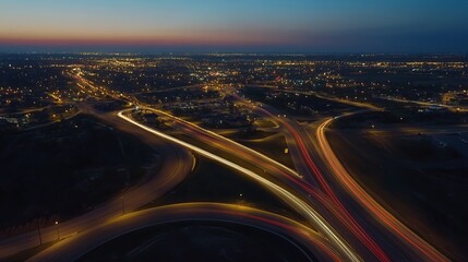 Aerial view of a highway at night, showcasing light trails from moving vehicles. Depicts dynamic movement, urban landscape, and concepts of speed, transportation, and modern infrastructure. 