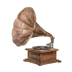gramophone, vintage, retro, music, record, decoration, nature, style, classic, vinyl, old, audio, antique, illustration, watercolor, object, sound, horn, technology, box, equipment, instrument, melody