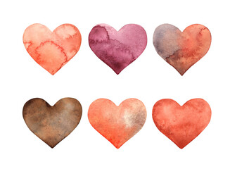 Set of different hearts in red, pink, brown and crimson. Watercolor set of hand-drawn illustrations for design and souvenir products of holidays: Birthday, wedding, Valentine's Day, anniversary
