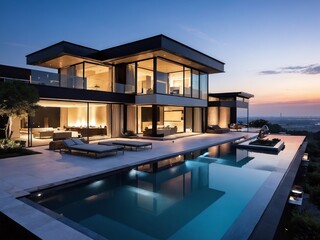 Modern hillside villa with luxurious outdoor pool and sunset view in warm evening light
