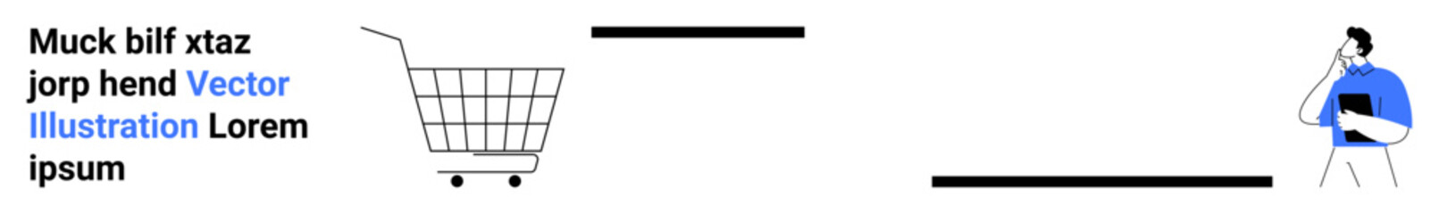 Obraz premium Man holding tablet stands near an empty shopping cart while reading text. Ideal for e-commerce, shopping themes, technological presentations, business strategies, minimalistic designs, online retail