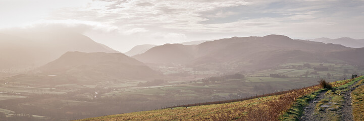 Panorama of St John's in the Vale from the footpath ascending Skiddaw, Keswick, Lake District, UK