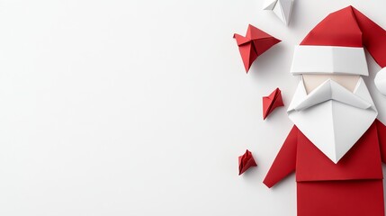 Christmas origami of Santa Claus isolated on white with space for holiday designs or messages