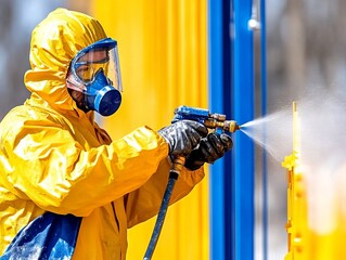 Worker in protective suit using spray gun for disinfection or painting.
