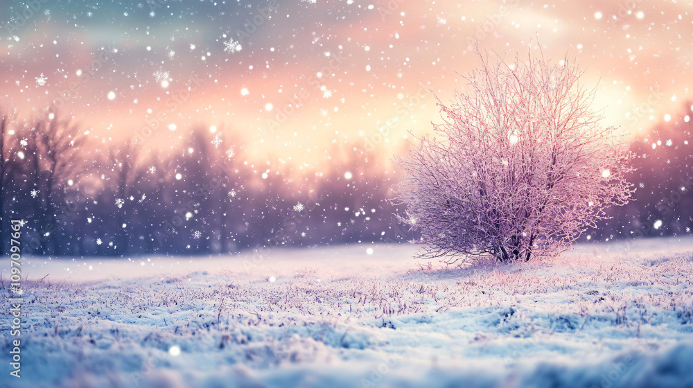 Aufkleber stunning sunset over a snow-covered field with falling snow and frozen trees in the background