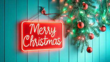 Decorative neon Merry Christmas sign with festive lights