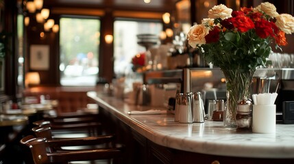 Fototapeta premium Elegant cafe interior with marble bar, roses, and chairs.