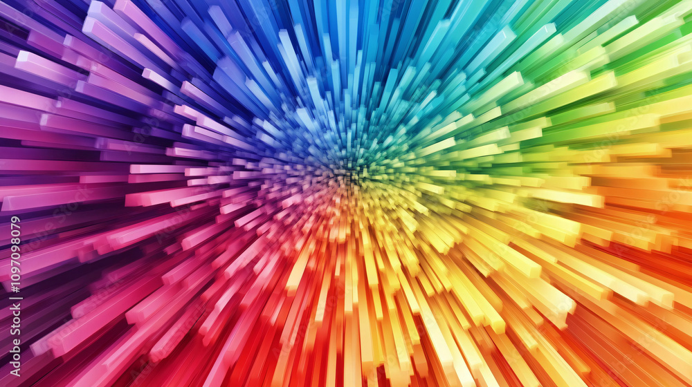 Poster Explosive abstract visual effect created by vibrant rainbow colored rectangular bars