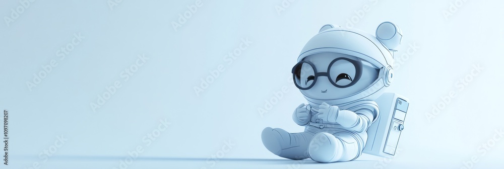 Poster A cute, stylized character in a spacesuit, sitting and playing with a game controller.