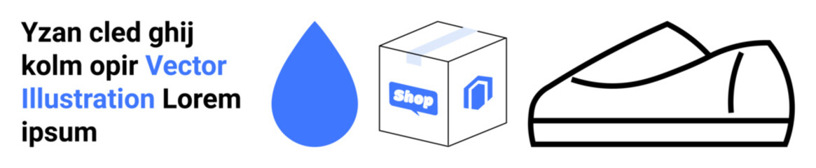 Blue water drop, online shopping box with shop text, and outline of a shoe in minimalist style. Ideal for e-commerce, retail, fashion, delivery services, fresh water conservation, digital marketing