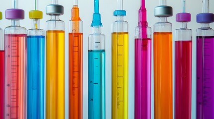 Obraz premium An array of syringes brimming with vibrant liquids, isolated and captured in close-up detail, showcasing the diverse colors and contents within. The syringes, transparent and cylindrical