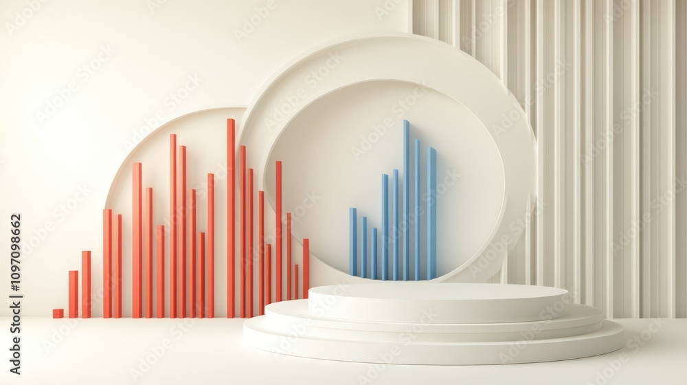 Poster A minimalist display featuring red and blue bar graphs on a circular podium.