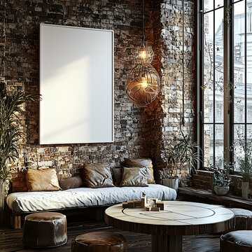 Front-facing angle of an industrial dining room with a 20x30 inch blank white frame on a brick wall, round dining table with subtle basketball court lines, with small basketball leather coasters place