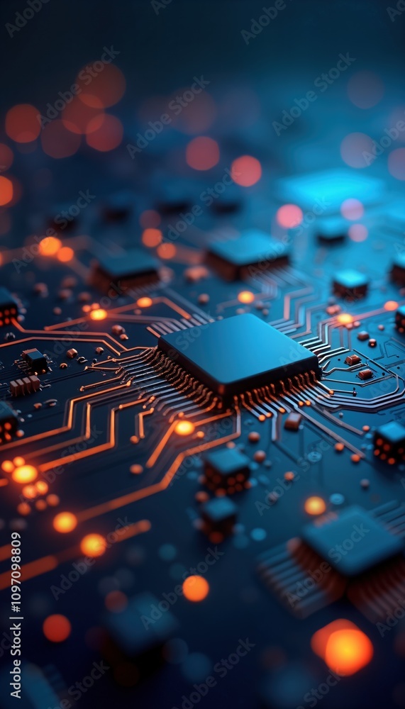 Aufkleber Closeup view circuit board glowing orange blue neon lights. Tech processor central unit. Digital data network signal transmission. Abstract tech background. Computer hardware system. Innovation