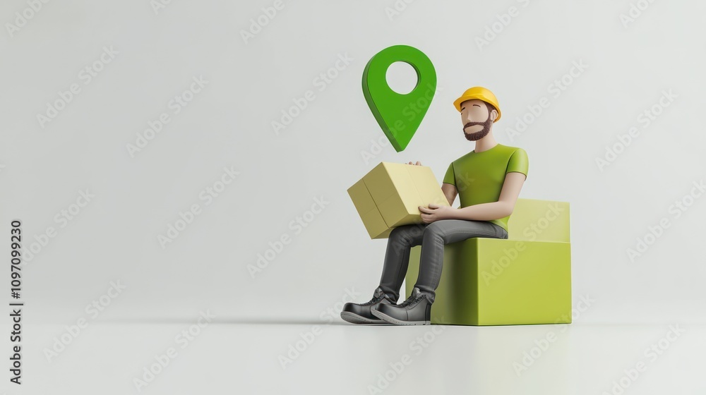 Poster a 3d character in a hard hat sits with a package, symbolizing logistics and delivery services.