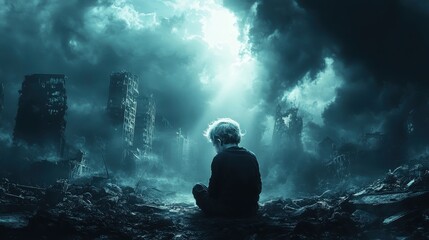 Obraz premium Surreal scene of a child in a post-apocalyptic landscape emotional impact digital art dramatic lighting reflection on hope