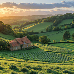 Rural Cottage on Rolling Hills at Sunset