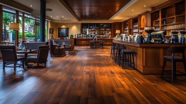Fototapeta Luxurious restaurant interior with hardwood floors, bar, and seating.