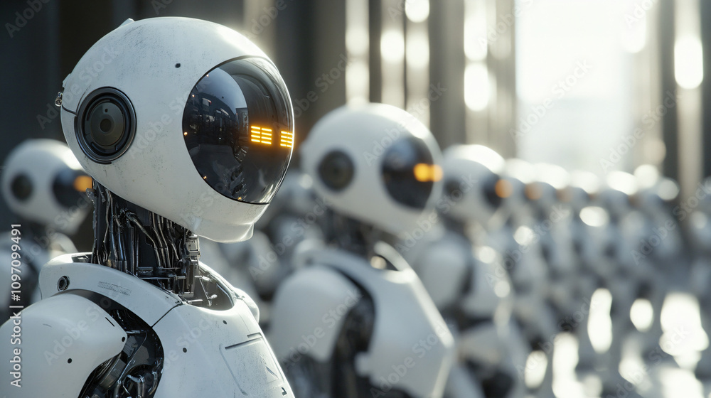 Aufkleber group of uniform white robots lined up with glowing orange lights in a futuristic setting