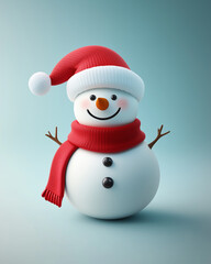 A jolly snowman featuring a carrot nose, red hat, and scarf in sunlight.