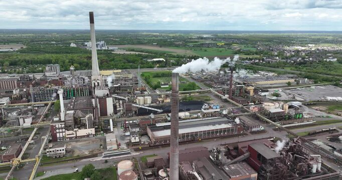 Chemical production facility, chempark Krefeld, Germany. Aerial drone video.