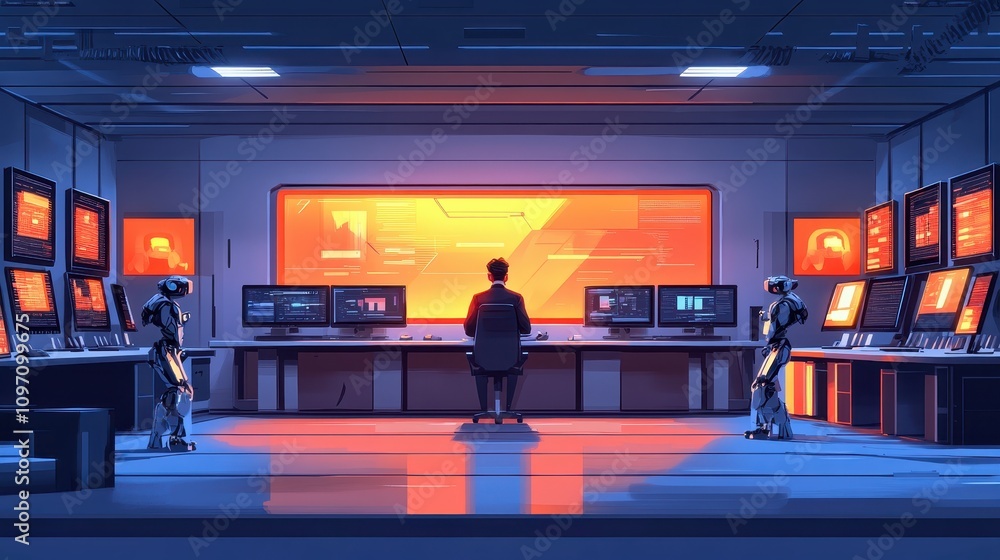 Poster advanced technology control room futuristic setting digital artwork high-tech environment rear view 