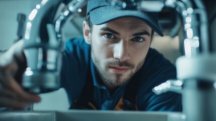 Young plumber repairing pipes under sink 